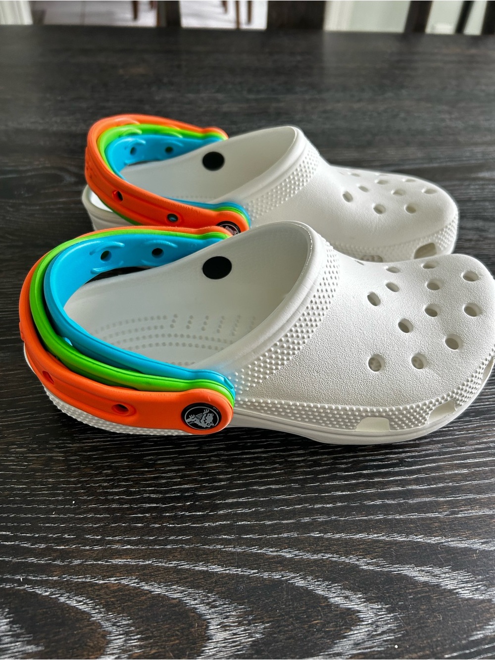 Crocs Classic White Clogs Unisex Adult Men 4 Women 6 Rainbow 3 Straps RARE